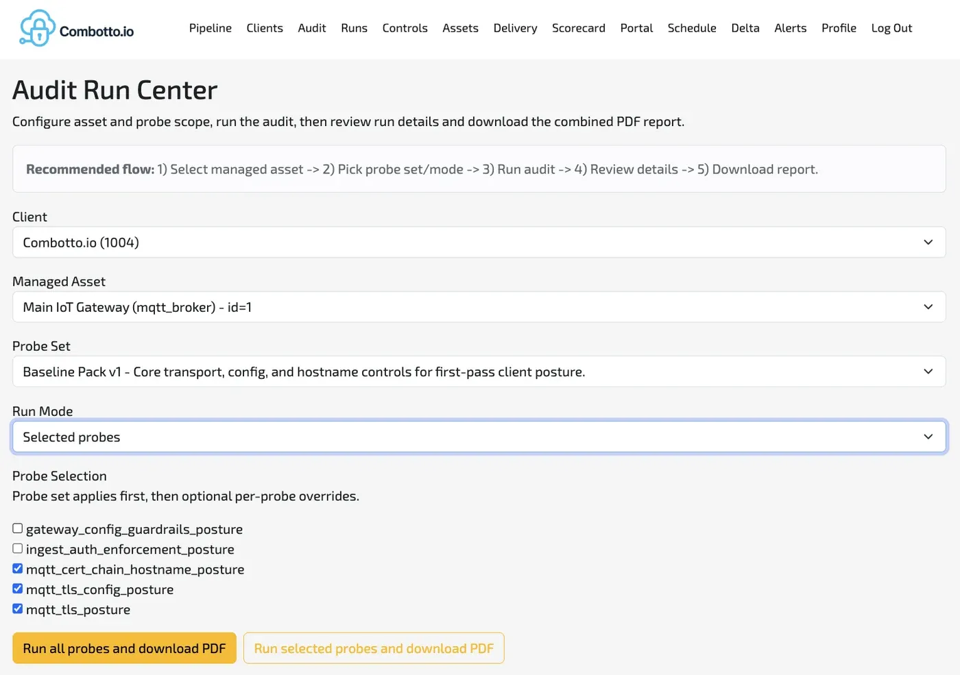 Audit run center med scoped probe-valg og run mode