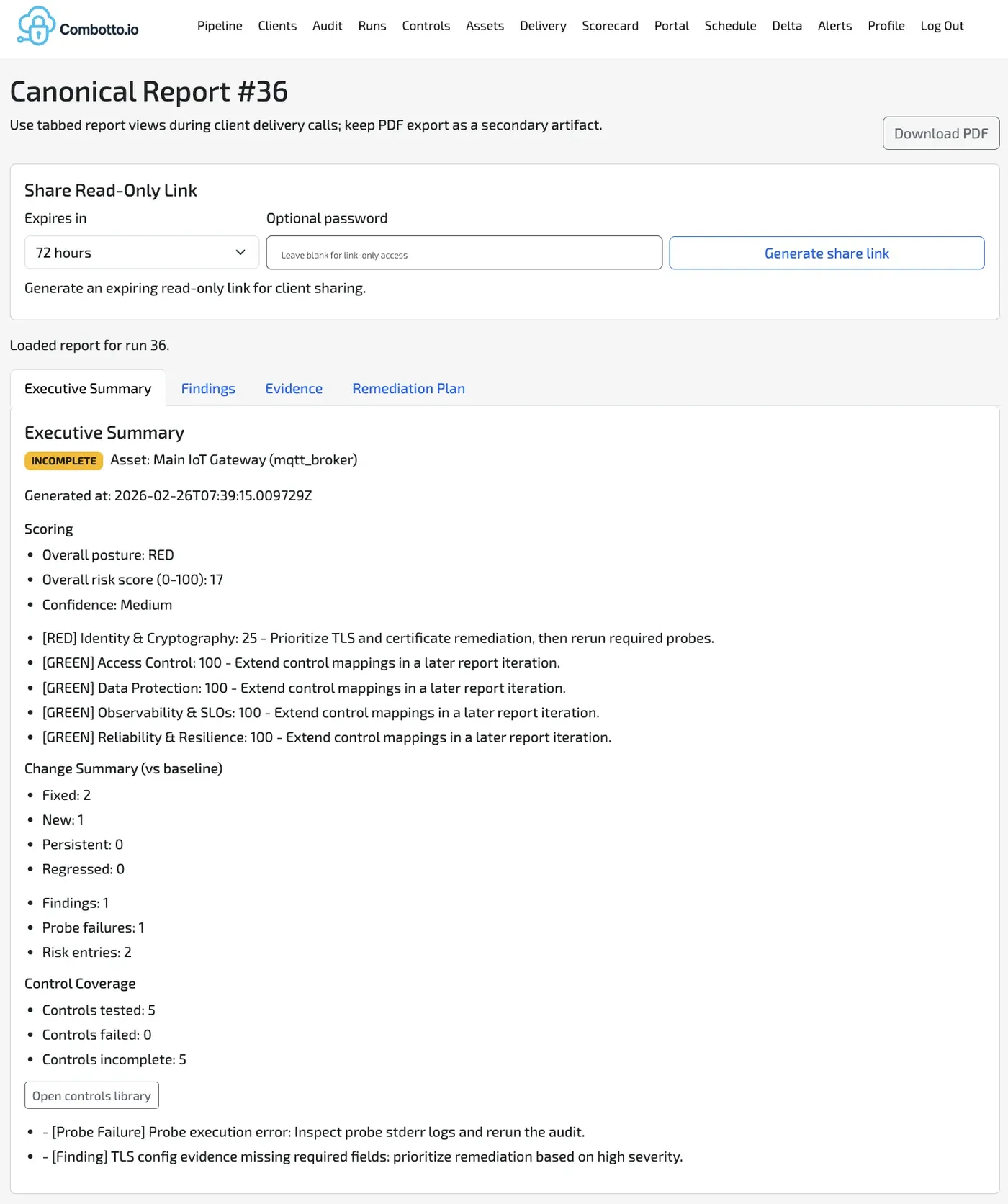 Canonical report med executive summary, findings og remediation-tabs